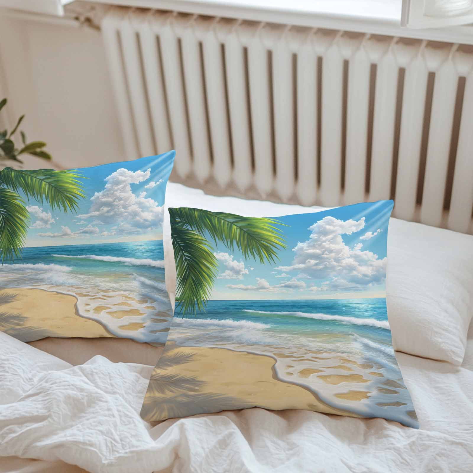 Waterproof Throw Pillow Covers 16x16 Set of 2, Summer Beach Blue Seawater Outdoor Pillowcases with Invisible Zipper, Tropical Plant Palm Tree Decorative Cushion Covers for Patio Garden Sofa Couch