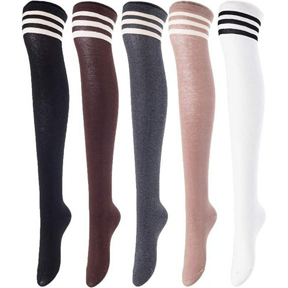 Lovely Annie Women's 5 Pairs Incredible Durable Super Soft Unique Over Knee High Thigh High Cotton Socks Size 6-9 A1022(Random)