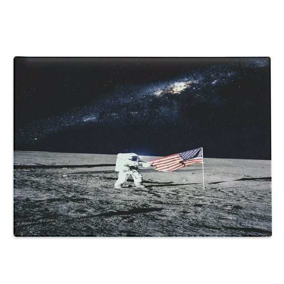 Outer Space Cutting Board, Moon Astronaut on Universe with American Flag Milky Way Inspired Future Picture, Decorative Tempered Glass Cutting and Serving Board, Large Size, Brown Blue, by Ambesonne