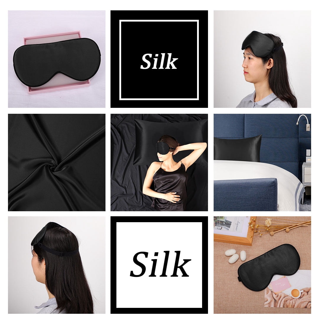 PiccoCasa 2 Pcs Silk Pillowcase Both Sides Silk + 2 Pcs Eye Mask for Hair and Skin with Envelope Closure Queen Black