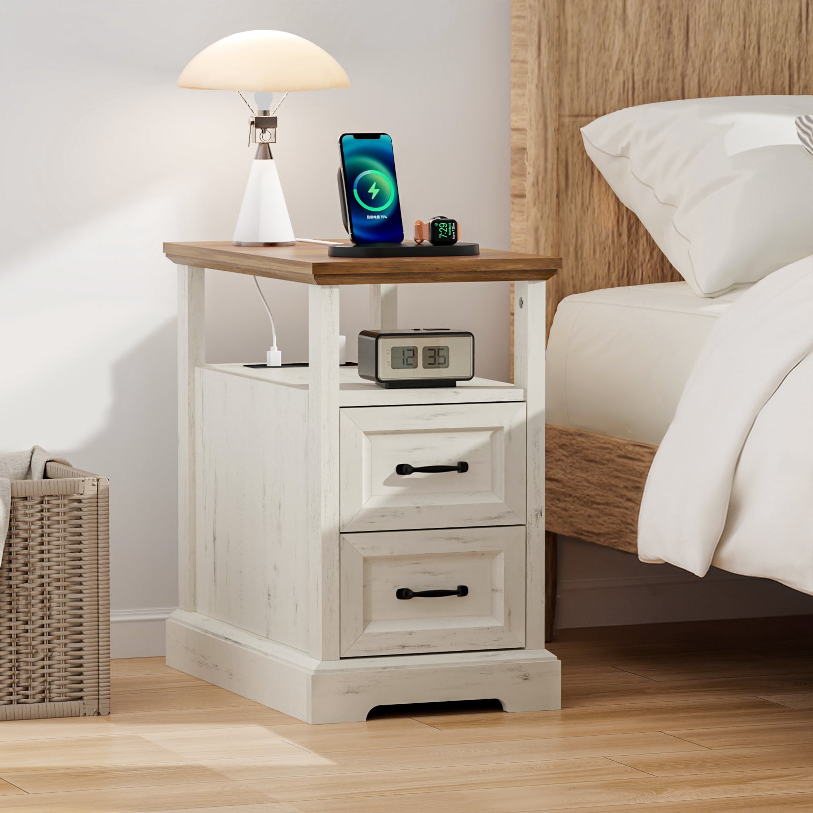 Hommpa 2 Drawers End Tables With Charging Station For Living Room, Farmhouse Narrow Sofa Side Table For Small Spaces, Nightstand Bedside Table with Storage For Bedroom, Rustic White