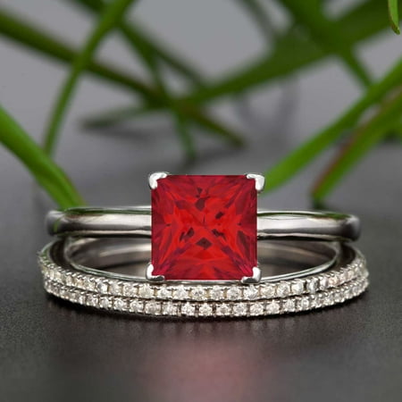 Channel Set Ruby Ring (2 Carat Princess Cut Real Ruby and Diamond Wedding Trio Ring Set with Engagement Ring and 2 Wedding Bands in 18k Gold Over Sterling)