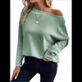 thumbnail image 3 of Camiseta de Punto de Otoño con Cuello Redondo y Hombros Descubiertos para Mujer, Larga Verde L, 3 of 7