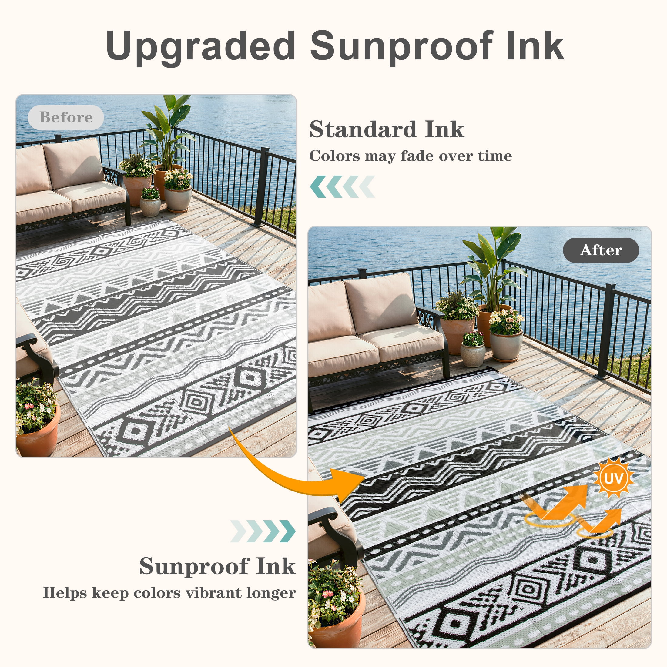 Moynesa Large Outdoor Rug Waterproof, 8'x10' Lightweight Plastic Straw Rug for Camping RV, Reversible Outside Carpet for Patio Deck Porch Balcony Picnic Tent, Black/Gray
