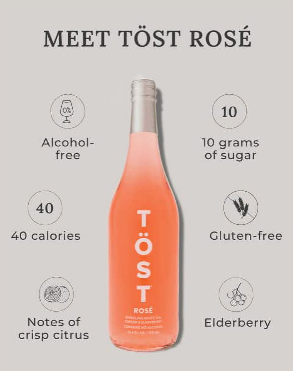 TÖST Rosé All-Natural Non-Alcoholic Sparkling Beverage Refresher with White tea, Elderberry, Ginger, 25.4 Fl Oz (Rosé, Pack of 3)