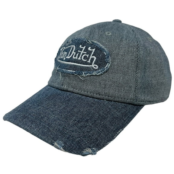 Von Dutch Strapback Hat Blue Denim Distressed Rips Unstructured Dad Cap