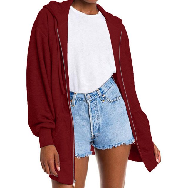 RKSTN Womens Sweatshirt Fashion Casual Slim Zipper Hoodie Solid Color Drawstring Fit Soft Tops with Pockets
