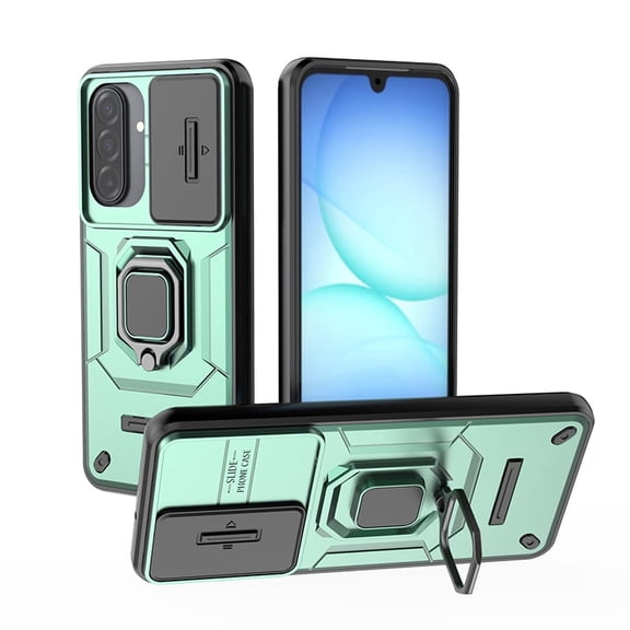Tekcoo Compatible with Samsung Galaxy A17 5G Case Built in Slide Camera Lens Cover Finger Ring Holder Kickstand,Heavy Duty Shockproof Full Body Phone Cover,Green