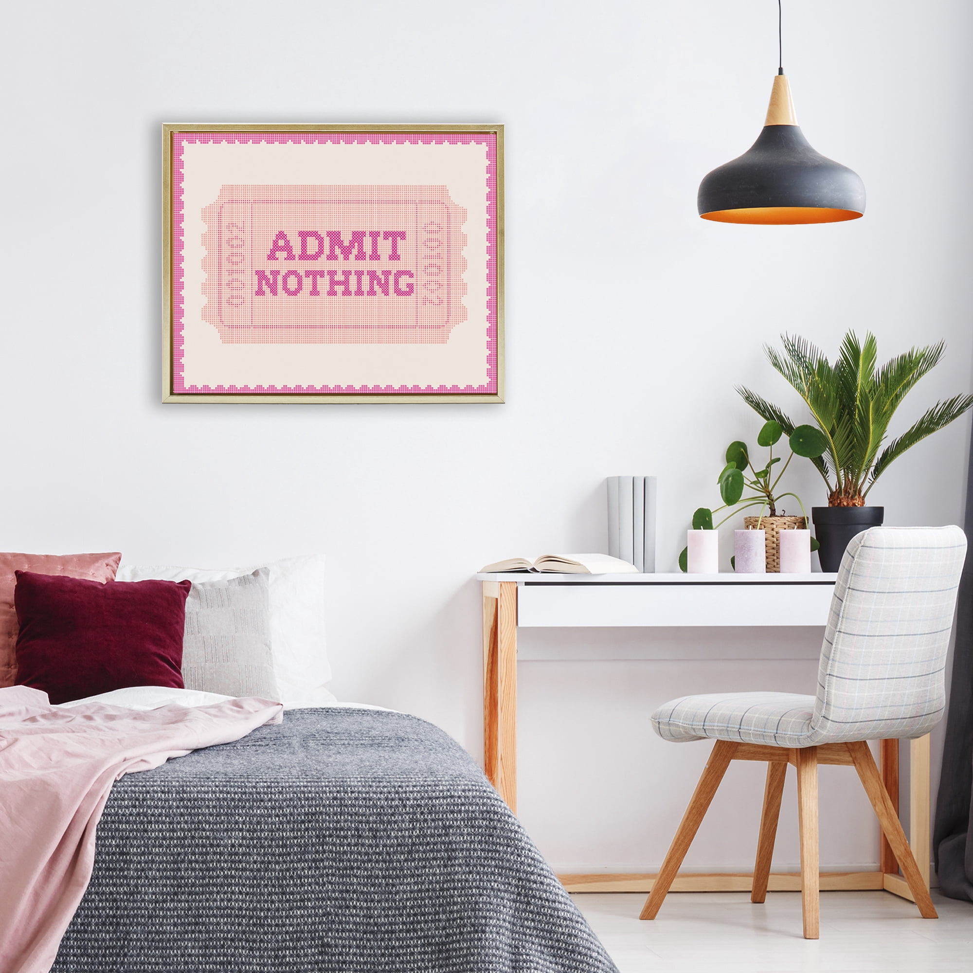 Stupell Industries Admit Nothing Retro Pink Ticket Gold Framed Floater Canvas Wall Art, design by Lil' Rue