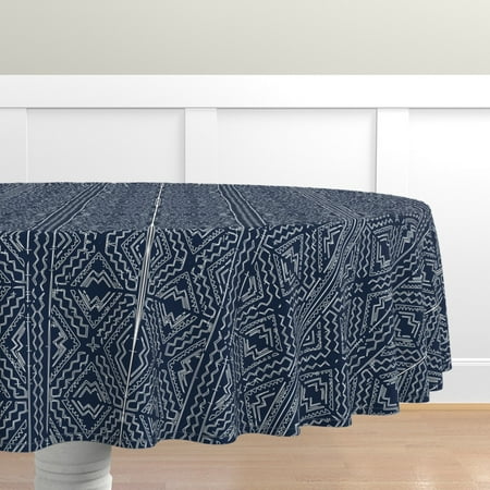 

Cotton Sateen Tablecloth 90 Round - African Mud Cloth Mudcloth Tribal White Blue Indigo Navy Print Custom Table Linens by Spoonflower