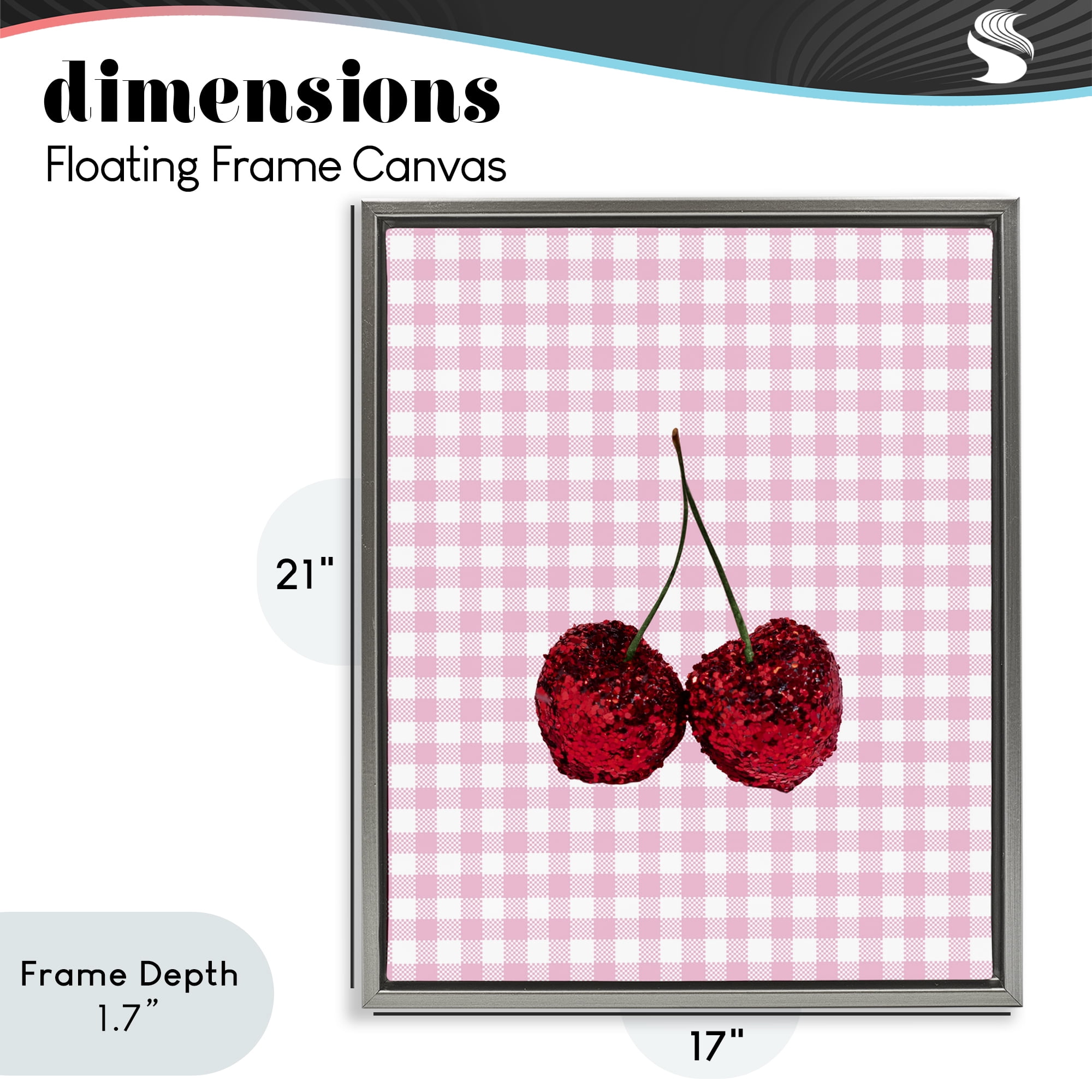 Stupell Industries Glitter Cherry on Pink Gingham Gray Framed Floater Canvas Wall Art, design by LISH Creative