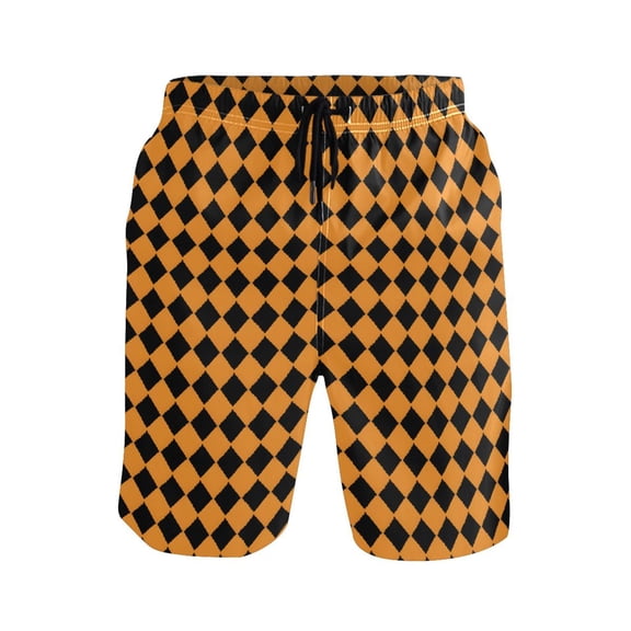joogoo Men's Swim Trunks Orange Checked Grid Pattern Beach Shorts with Pockets M