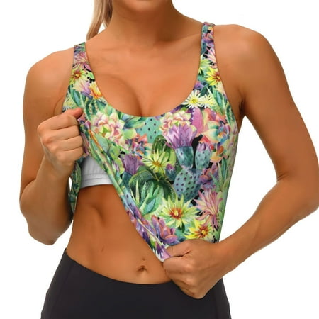 Qokaie Watercolor Blooming Cactus Pattern Womens Scoop Neck Sports Bra Breathable Workout Vest Padded U Back Medium Impact Fitness Gym Yoga Bra Workout Crop Top