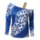 thumbnail image 3 of Camisa sexy con hombros descubiertos y oblicua para mujer, con lentejuelas brillantes y estampado de leopardo, informal, de manga larga, elástica, color azul, 3 of 3