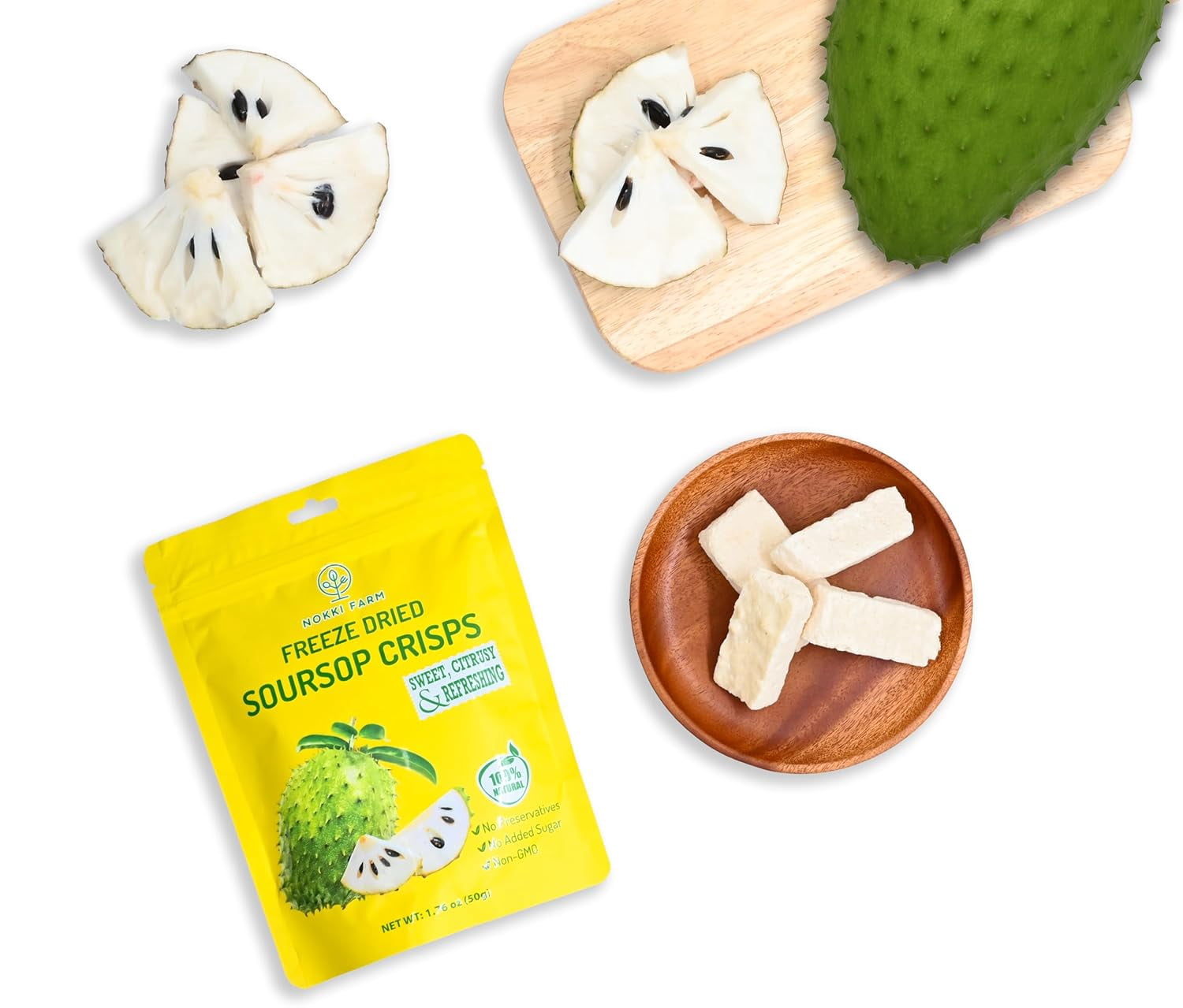 NOKKI FARM Freeze Dried Soursop chunk Crisps (Guanabana Fruit), Healthy & Exotic Tropical Superfood Snack, Kid-Approved, No Added Sugar or Preservatives, Shelf-Stable, 0.53oz, 6 Pack