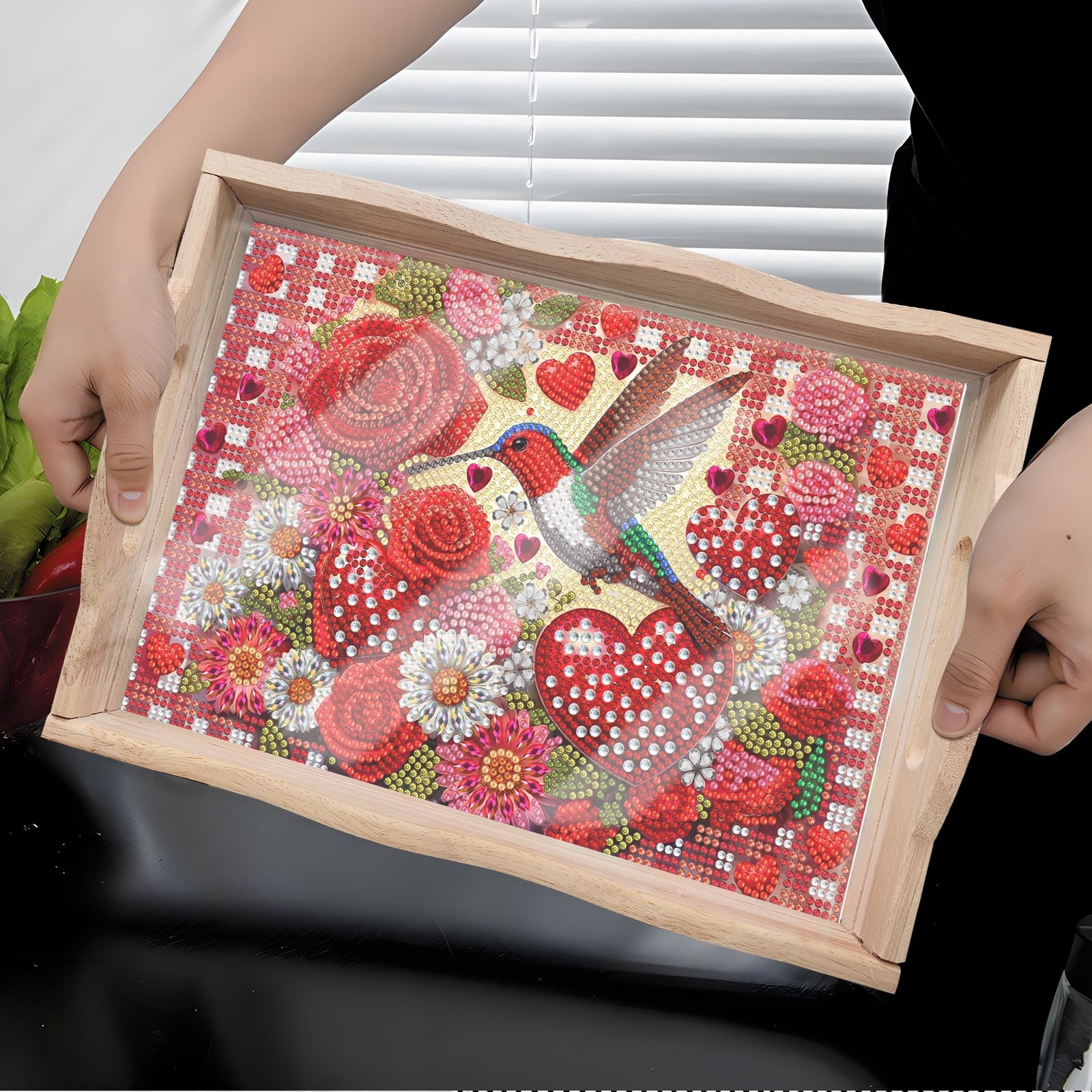FLOPESN DIY Diamond Art Painting Tray,Handmade Wooden Tray Mosaic by Number Kits Diamond Art for Coffee Living Room Home Organizer-Love Hummingbird