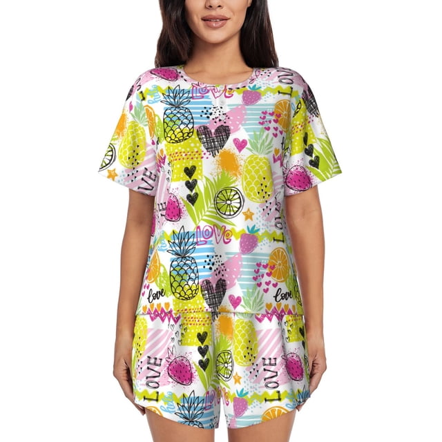 Fotbe Tropical Pineapples Conjunto de Pijama Estampado para Mujer, 2 Piezas, Ropa de Dormir con Camiseta de Manga Corta y Shorts Suaves-X-Large
