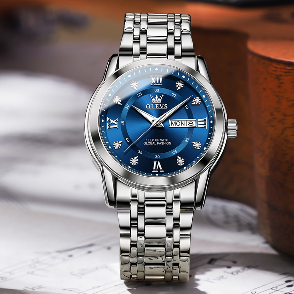 OLEVS Watches For Men Diamond Business Dress Luxury Casual Analog Quartz Stainless Steel Waterproof Luminous Date Men Wrist Watches Reloj Para Hombre Blue Dial
