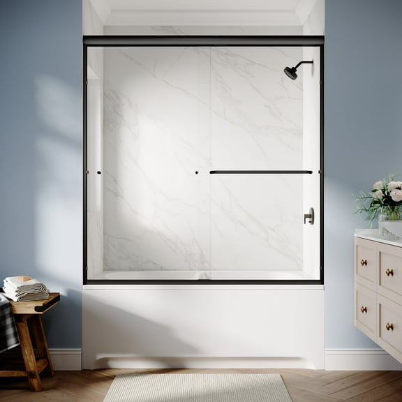 Sunny Shower Semi-Frameless Double Sliding Shower Tub Door 58.5-60'' W x 62'' H in Black Finish
