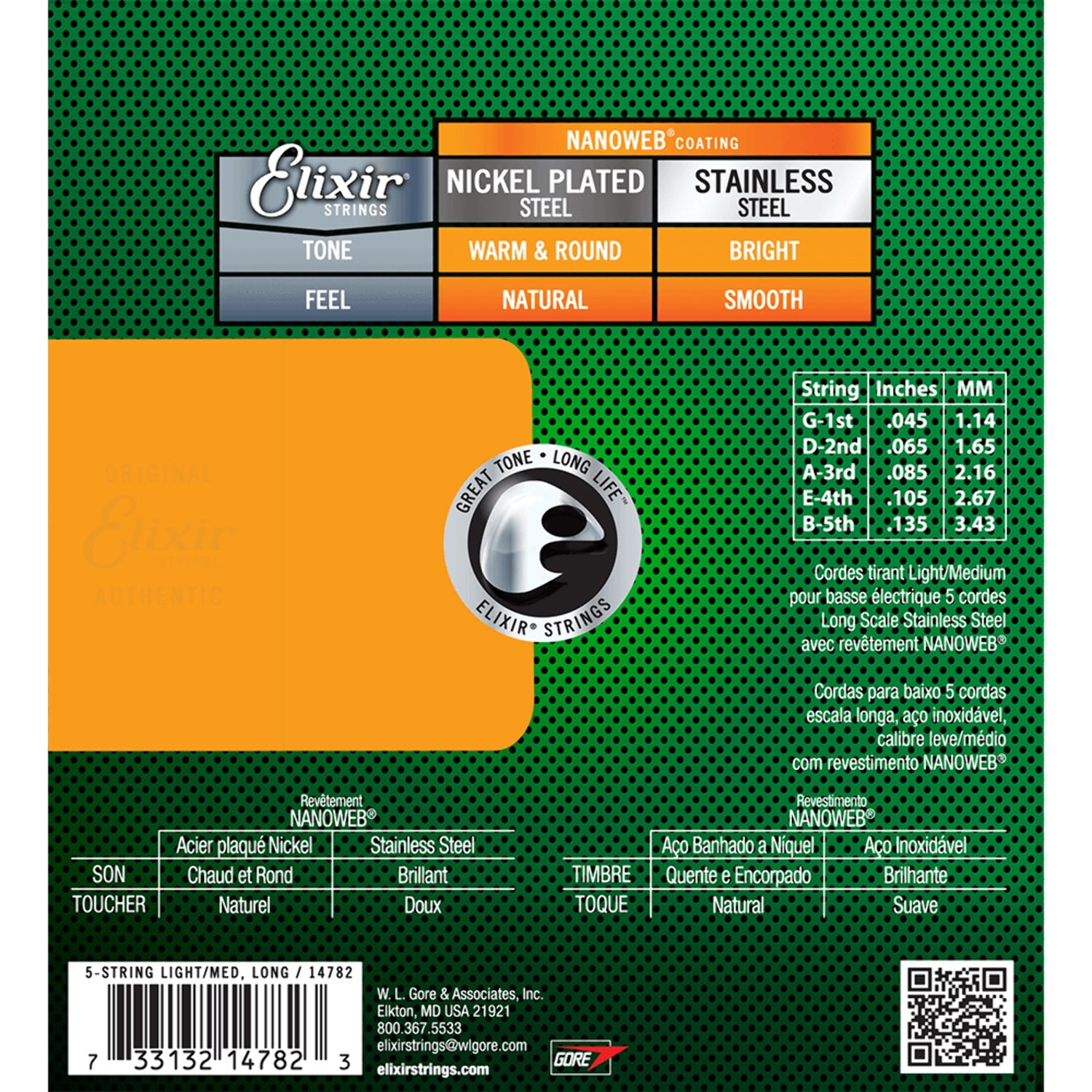 Elixir Stainless Steel 5-String Bass Strings Long Scale Light/Medium (.045-.135)