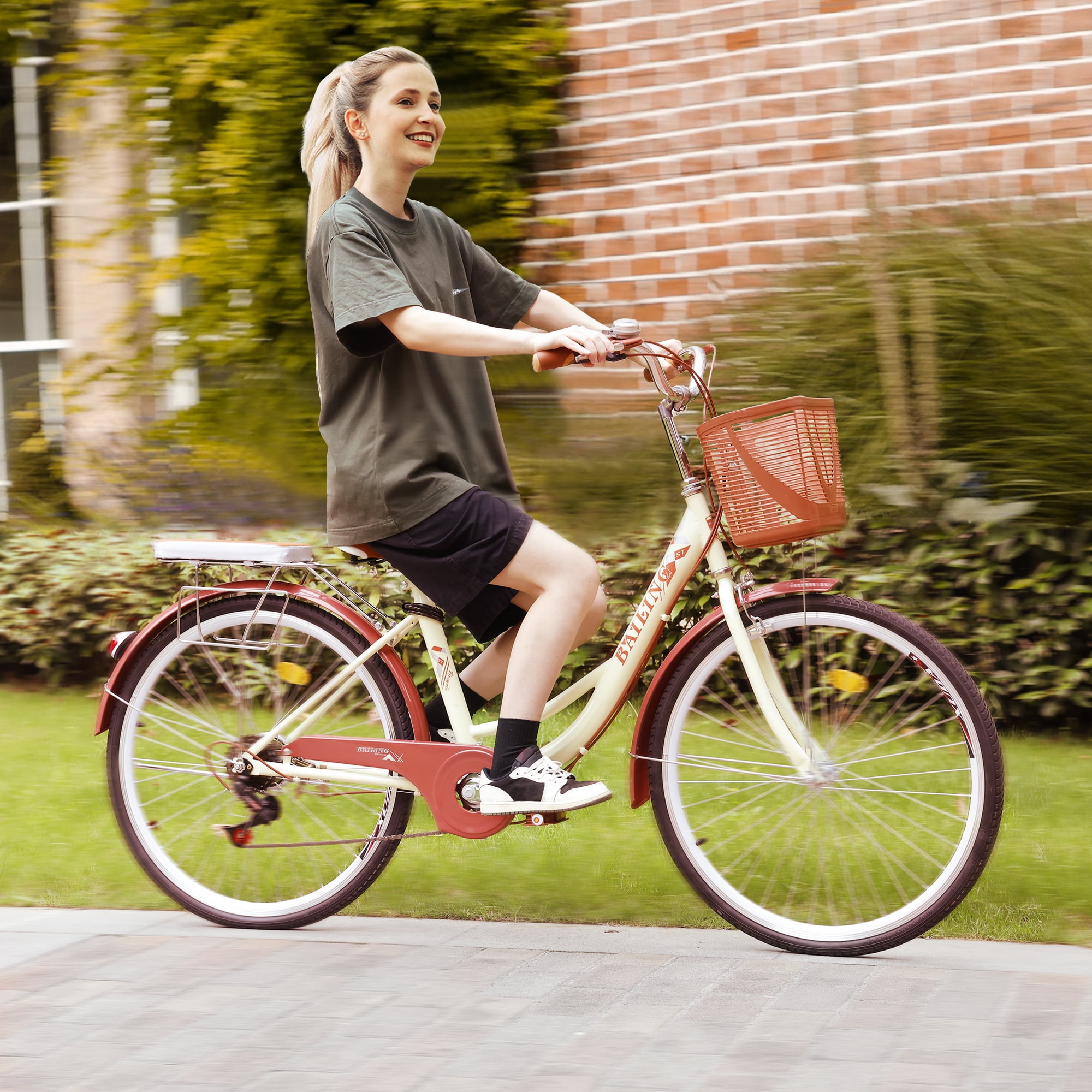 ARTUDATECH 26 Inch Beach Cruiser Bike for Women, 7 Speed Commute Bike for Adults, Women Bicycle with Adjustable Seat and Basket