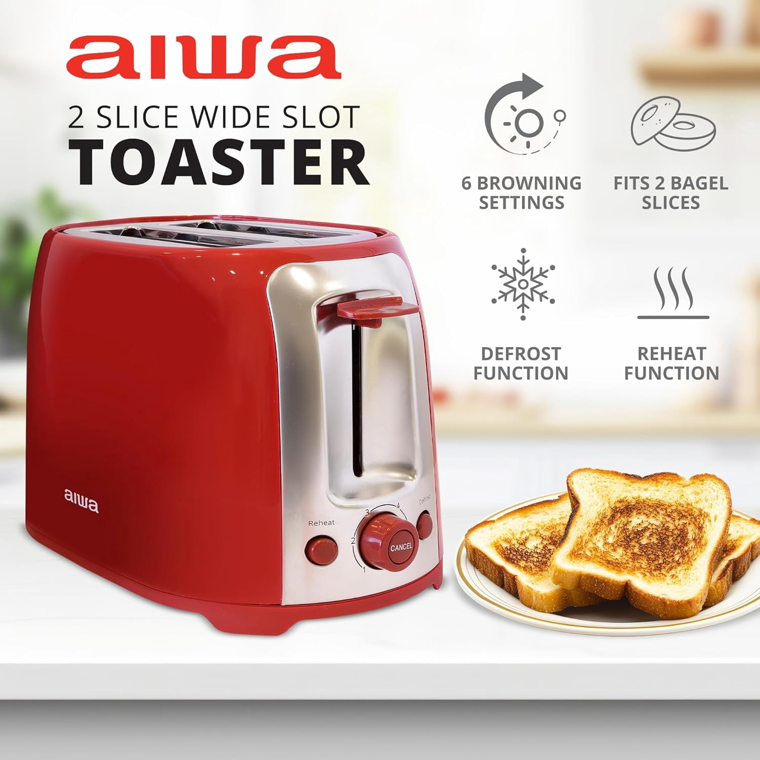 Aiwa 2-Slice Toaster with Wide Slots, 6 Browning Settings, and Crumb Tray, Red