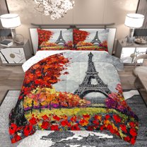 Homewish Fashion Eiffel Tower Bedding Comforter Set, Oil Printing Twin Comforter Sets, Romantic Valentines Day Reversible Bedding Set, Ultra Soft Bedroom Decor, 2 Pieces