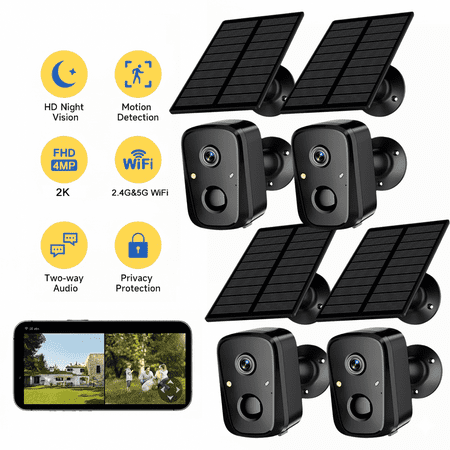 2K Solar Powered Security Cameras Wireless Outdoor 4 Pack, 4MP 2.4GHz & 5GHz Wi-Fi Battery Cameras for Home Surveillance, PIR/AI Motion Detection,Waterproof, Color Night Vision, Two-Way Audio