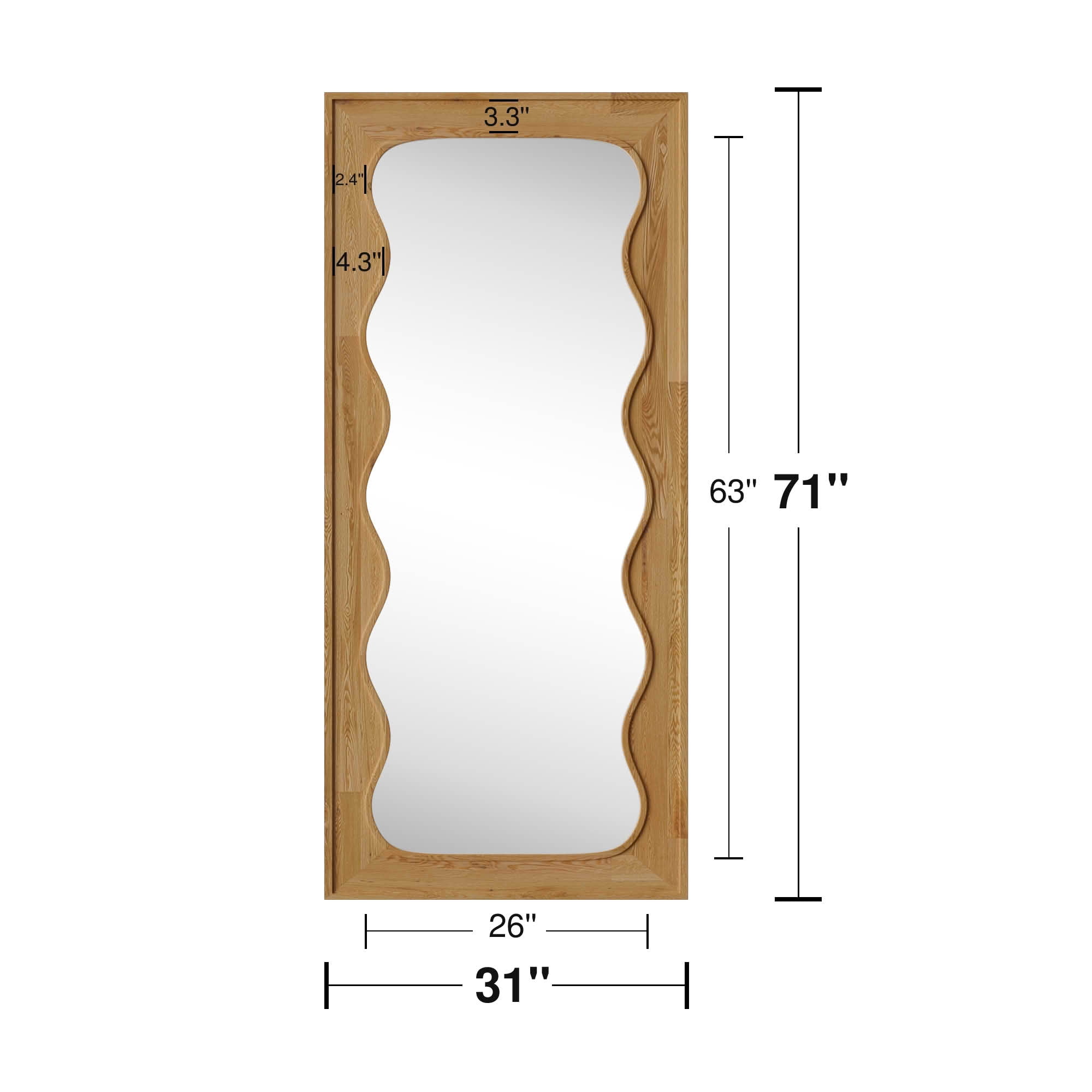 MAYEERTY 71x31x1 Inch Natural Wood Inner Wave Right Angle Rectangular Full Length Mirror, No Stand for Bedroom