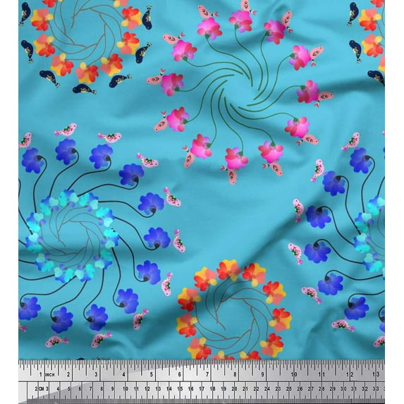 Soimoi Modal Satin Fabric Floral & Birds Clip Art Print Fabric by the Yard 42 Inch Wide
