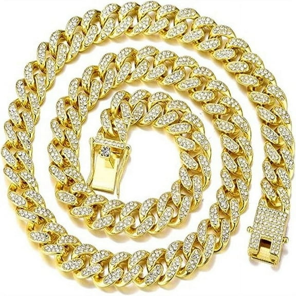 Cuban Link Chain Miami Cuban Necklace Gold/Silver Plated Diamond Cut Stainless Steel Chain for Men Women 13mm Iced Out Hip Hop Jewelry