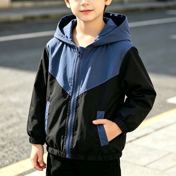 FSYBOA Boys Casual Jacket Size 5T, Long Sleeve Hooded Color Block Loose Fit Fall Outerwear Blue