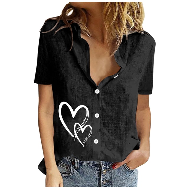 EQWLJWE Chemises pour Femmes Liquidation Femmes Manches Courtes Décontracté Femmes Imprimé Manches Courtes Ample Bouton Col Rabattu Chemise Blouse Unie