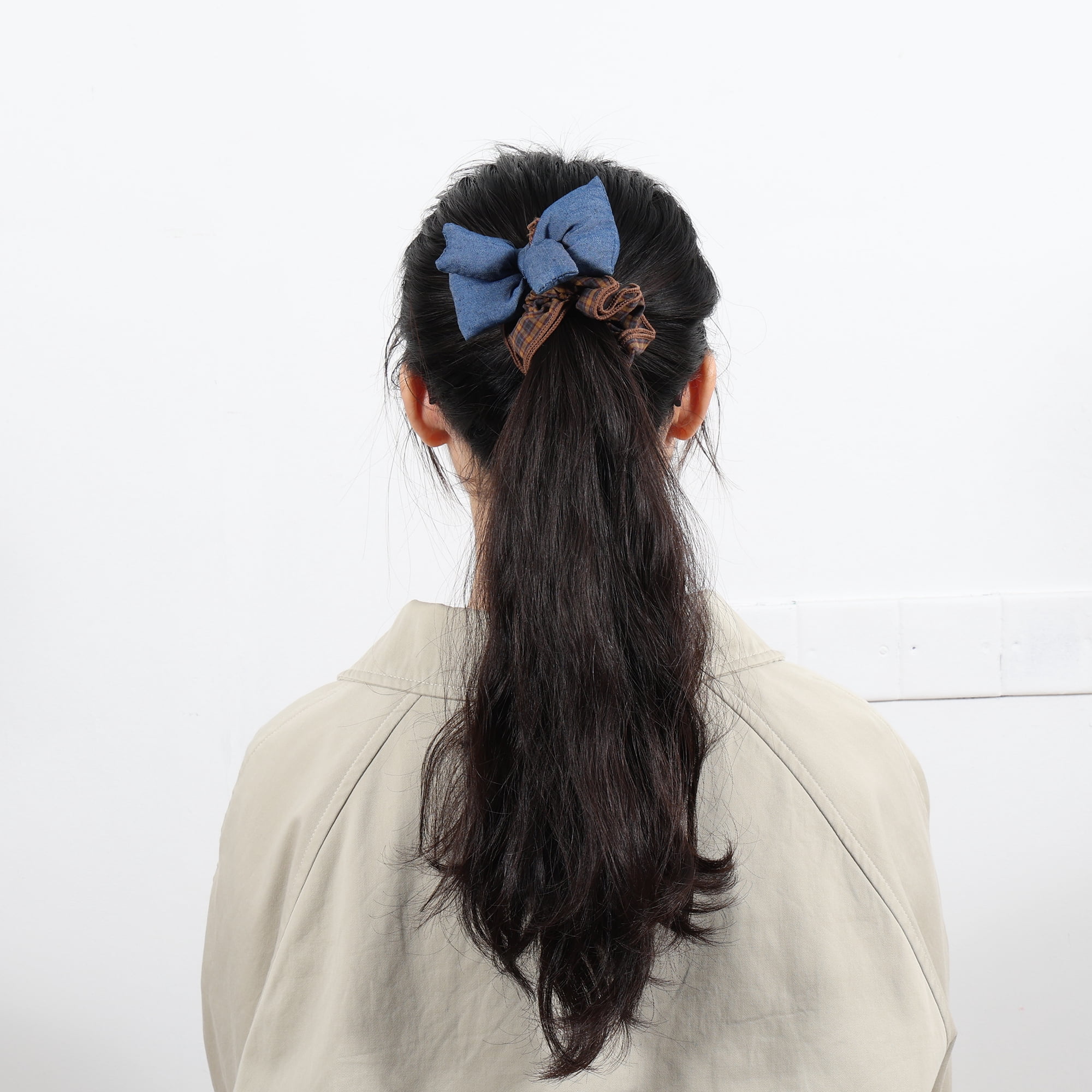 Unique Bargains Fashionable Denim Hair Ties All Occasions 1 Pc Blue, Brown Bow