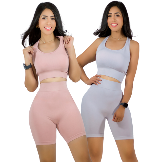 Set De 2 Conjunto Deportiva Mujer Short Y Blusa Stretch Fit Push Up UNITALLA