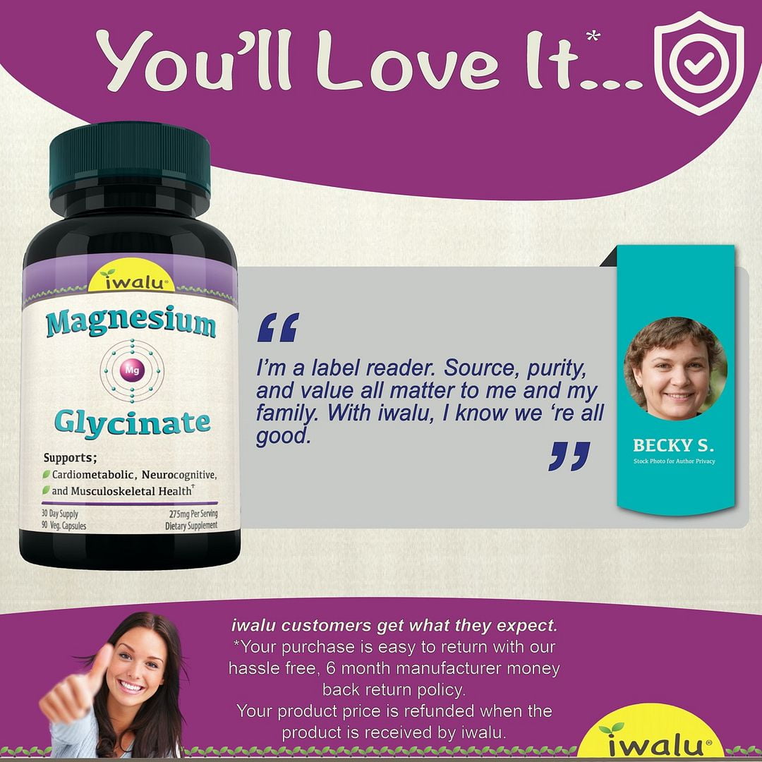 iwalu Magnesium Glycinate | Relaxation & Sleep Support | Calming - Helps Reduce Stress - Supports Muscle, Bone & Joint Health | Pure Bioavailable Potent - 90 Count | NSF Certified & USA Made