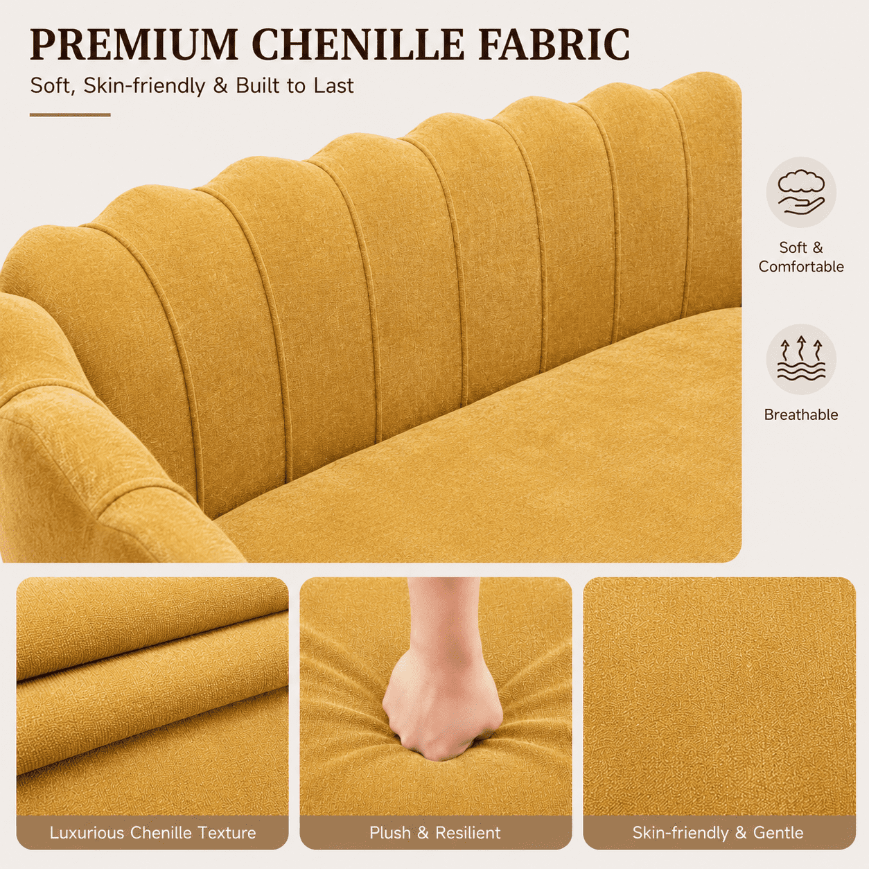 MOONMISS Chenille 2-Seater Loveseat with Gold Legs,Scallop-Tufted Curved-Back Sofa for the Living Room or Bedroom,Yellow