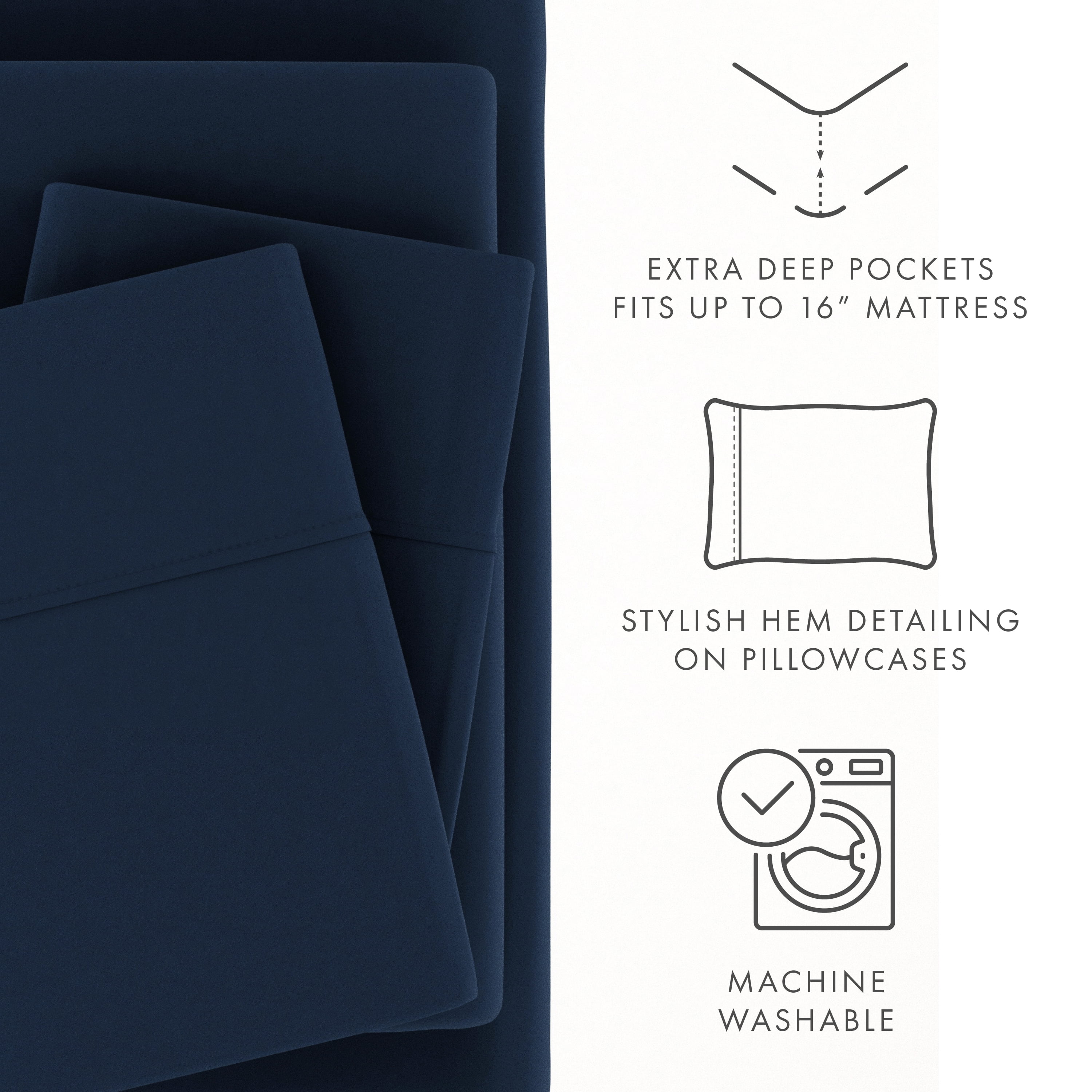 Noble Linens 4 Piece Solid Microfiber Bed Sheet Set, Navy, TwinXL