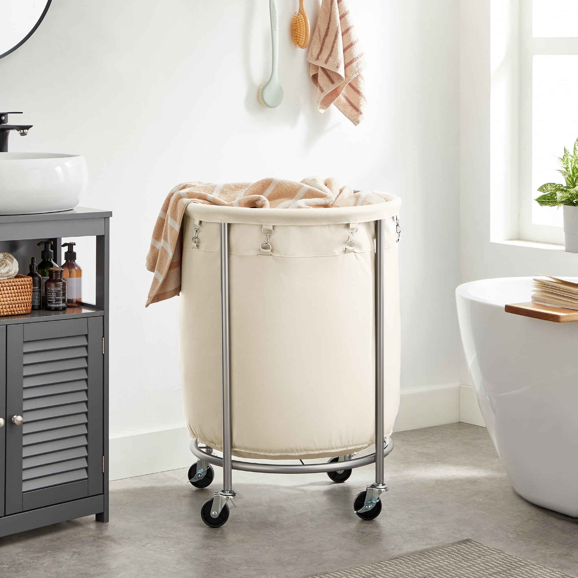 45Gal Round Laundry Sorter Laundry Hamper with Wheels Rolling Laundry Cart with Removable Bag for Laundry Room Cream and Silver