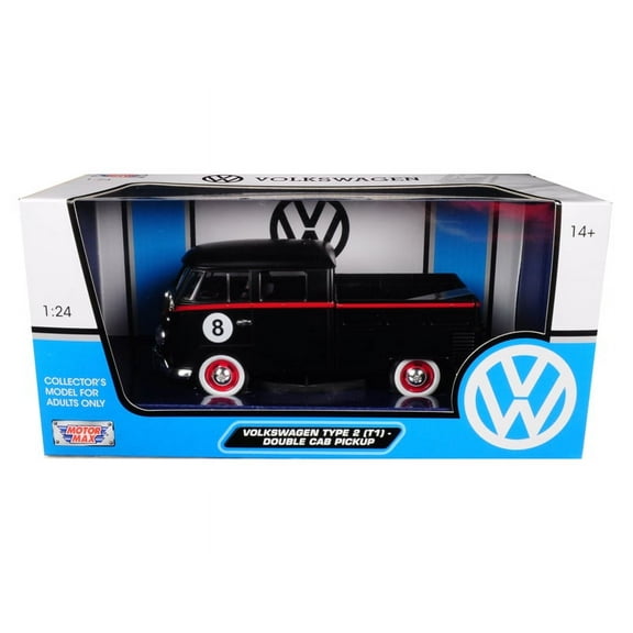 Volkswagen Type 2 (T1) Double Cab Pickup #8 Matt Black 1/24 Diecast Car Model by Motormax