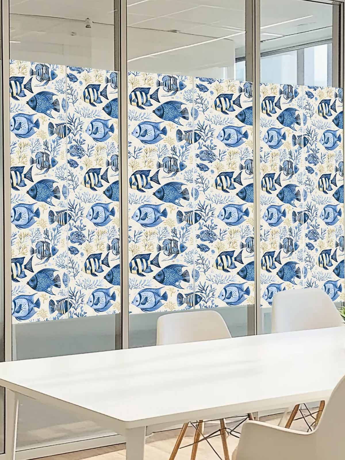 Tropical Marine Life Window Privacy Film, Watercolor Blue Fish Coral Frosted Glass Window Clings Static Cling UV Heat Blocking Reusable Door Sticker for Bathroom 23.6 x 59 Inch
