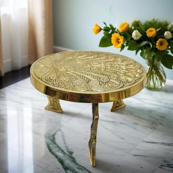 Traditional Brass Chowki Stand, Decorative Mandala Pattern, 5"x5"x3.5", Polished Gold Temple Pedestal, Made in India