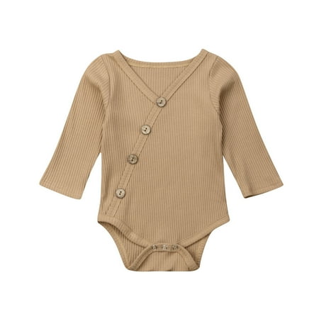

Multitrust baby solid color ribbed long-sleeve V-neck button jumpsuit