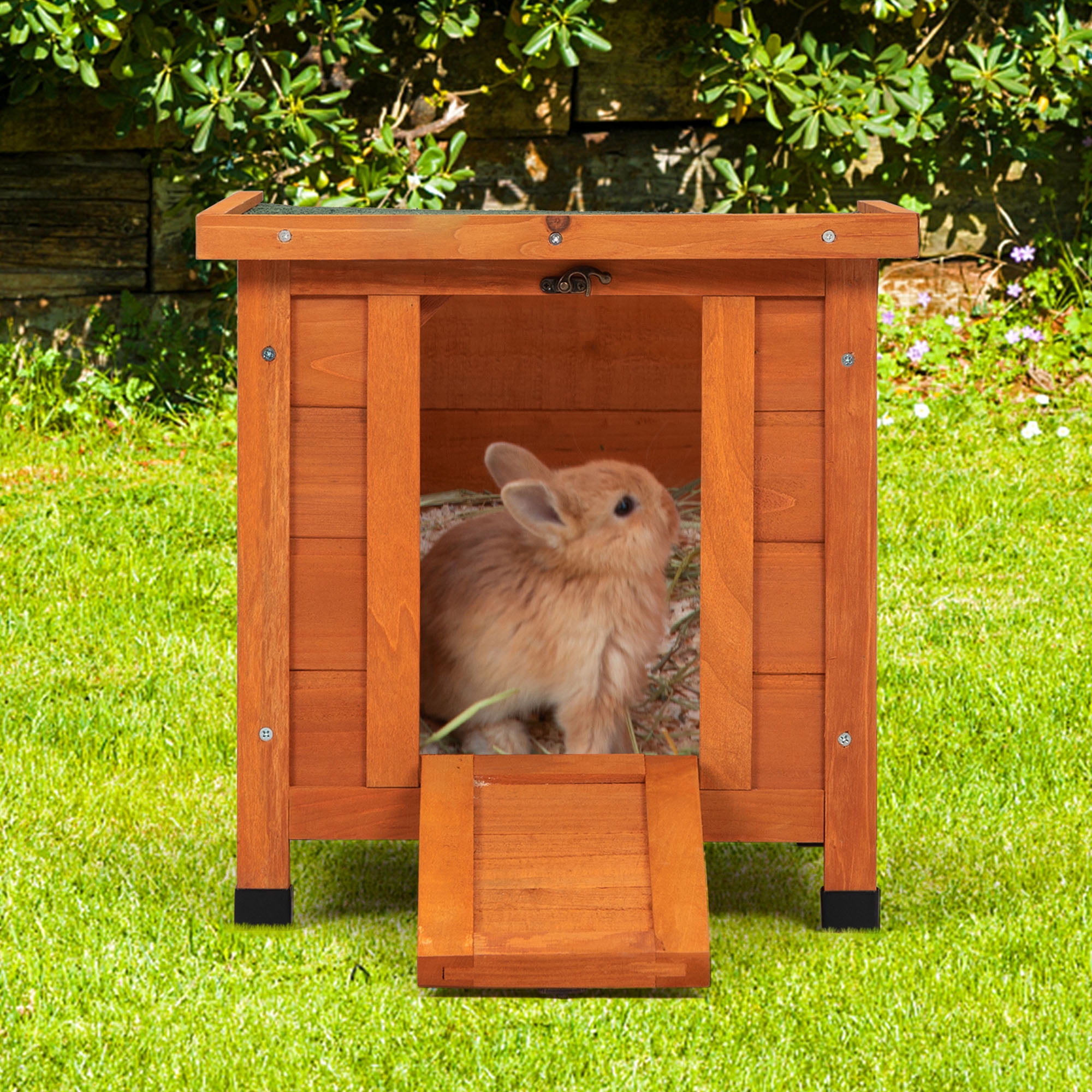 Pefilos Rabbit Hutch, Wooden Rabbit Cage, Pet House Bunny Shelter with Ramp and Opening Roof, Orange