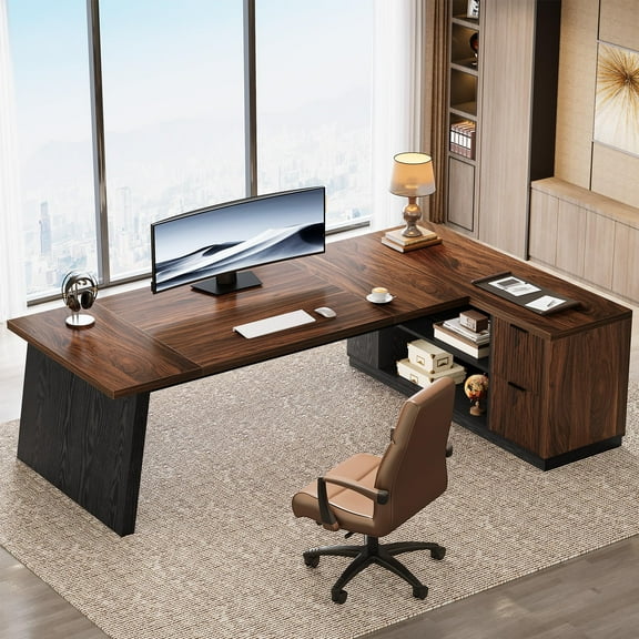 Tribesigns 78" L Shaped Executive Desk with Drawers, Large Office Computer Desk with Shelves, Modern Corner Table for Home Office (Black & Brown)