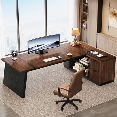 Tribesigns 78 L Shaped Executive Desk with Drawers Large Office Computer Desk with Shelves Modern Corner Table for Home Office (Black & Brown)
