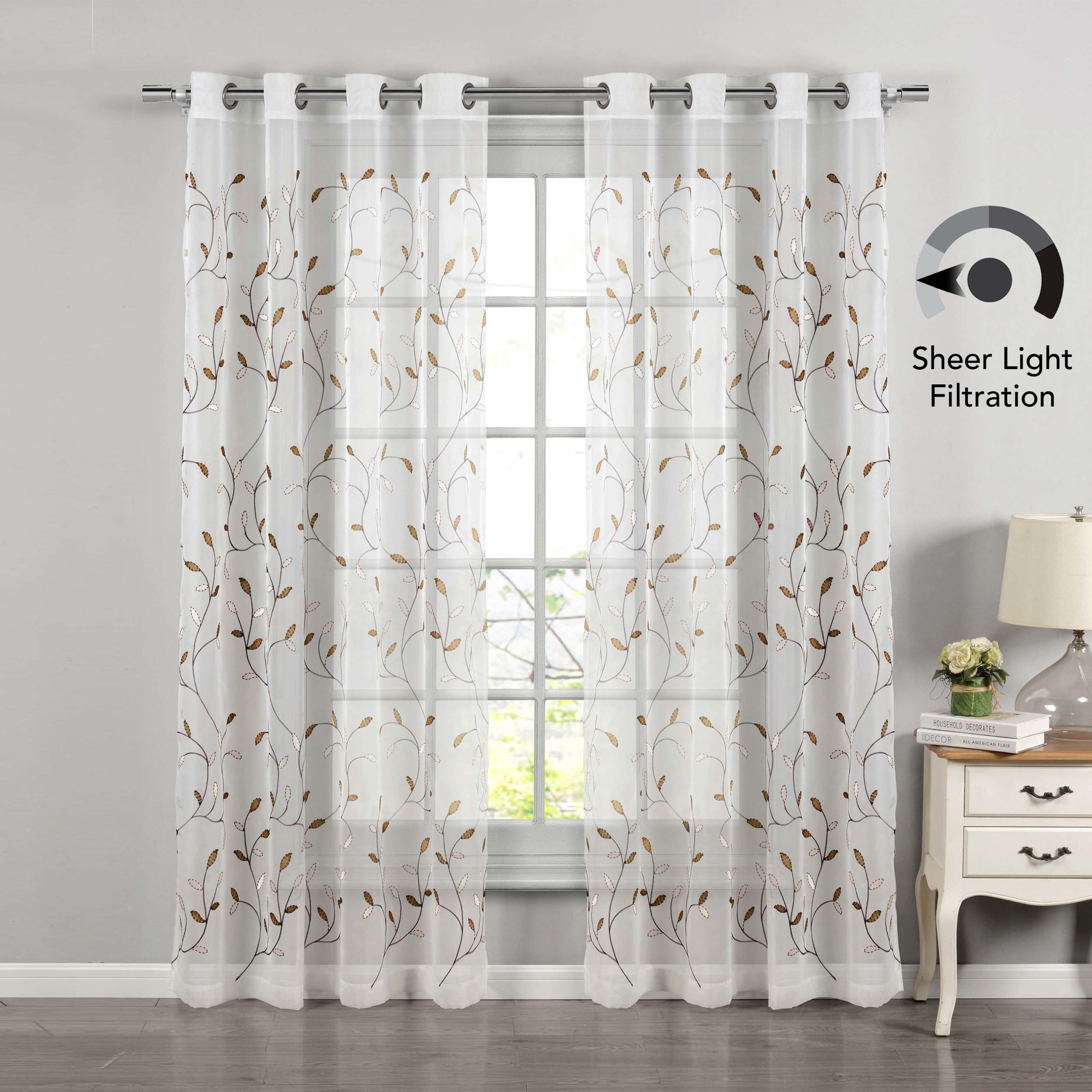 Grommet Curtain Panel, Embroidered Sheer Extra-Wide, Beige 54" x 63"