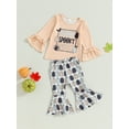 thumbnail image 3 of Wassery Toddler Girl Halloween Clothes Long Sleeve Crewneck Letter Print Tops Pumpkin Print Flare Pants Infant Baby Girl 2Pcs Fall Outfit 6M-4Y, 3 of 9
