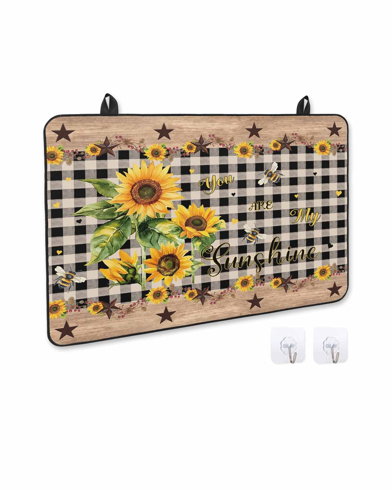 nqOlkjepod Large Induction Cooktop Protector Mat 36"x21", Sunflower Plaid Stove Top Covers for Electric Stove, Country Sunshine Star Vintage Bee Black Stove Burner Cover Mats, Glass Top Stove Cover