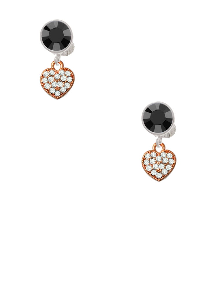 Delight Jewelry Small Rose Goldtone Heart with Clear Crystals Black Crystal Clip on Earrings